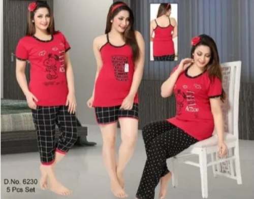 Red Hosiery Printed 5 pcs Nightwear Set 