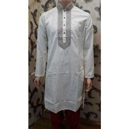 Mens White Cotton Strip Kurta by Aalishan Kurta