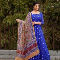 Blue Embroidery Maxi  WithFigure Print Dupptta 