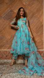 White / Blue Floral Organza Suit