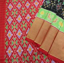 Black and Red Checked Ikat Silk Saree