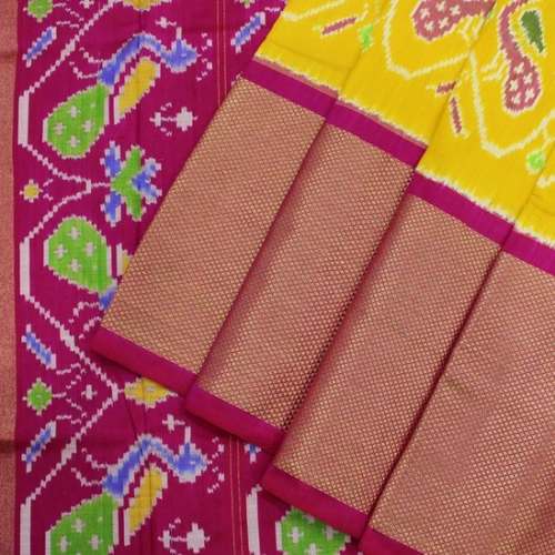 Yellow and Pink Ikat Silk Saree by Pachaiyappas Silks