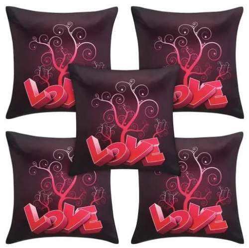 Red And Black Printed Satin Love Cushion Covers  by desi kapda