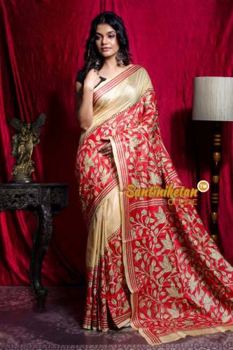 Flower Print Kantha Saree  by Santiniketan Online