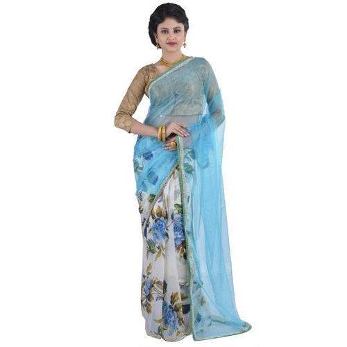 Printed Chiffon Half and Half Net Saree by Kimatra Trendy Fashion Mantra