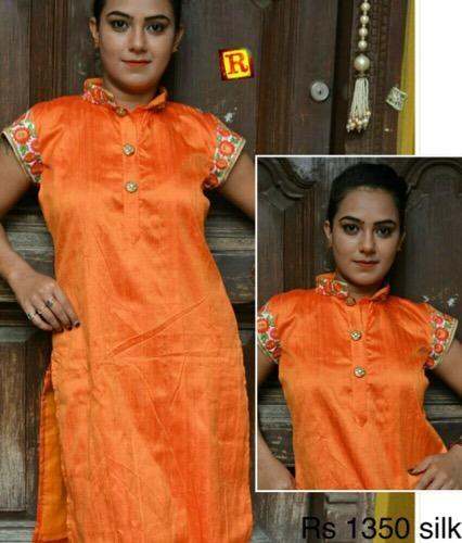 Fancy silk kurti with embroidery work  by Roshni Boutique