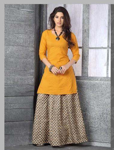 Pretty Yellow Cotton Kurti with Skirt  by Gati Fab