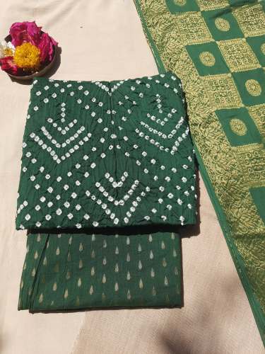 Green handmade bandhini dress material by Prateema Fashions