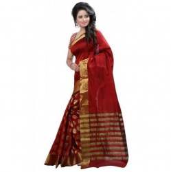 Fancy Red Cotton Saree With Golden Patta