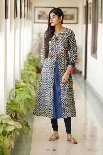Yellow Ajrakh Dabu Leaf Printed A Line Kurti  Byhand I Indian Ethnic Wear  Online I Sustainable Fashion I Handmade Clothes