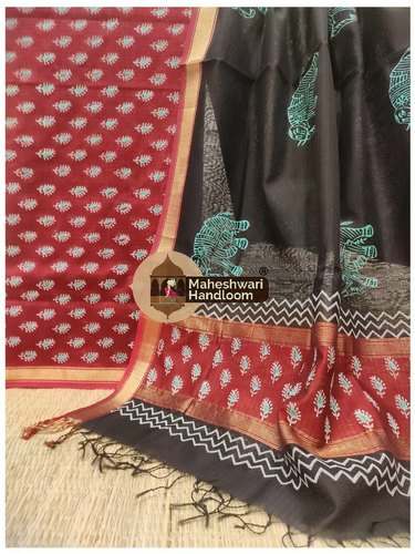 Hand Block Tussar Maheshwari Printed Dresses  by Maheshwari Handloom Works