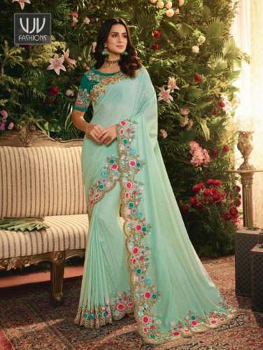 Fancy Sea Blue Color Designer saree