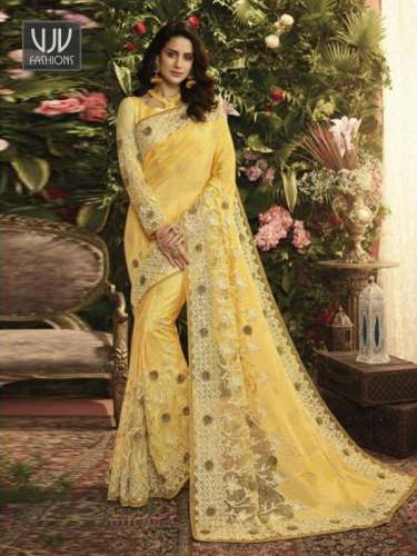 Stylish lemon Color Embroidered Saree
