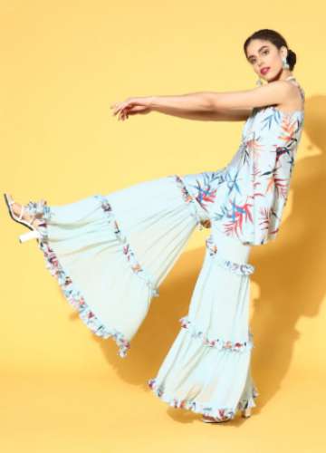 Get Floral Satin Sharara Suit Set At Online Price