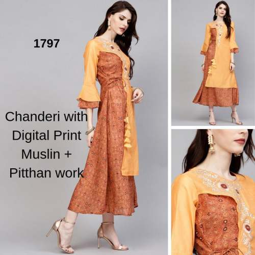 Muslin Chanderi Pitthan Work Kurti by ANUSHREE