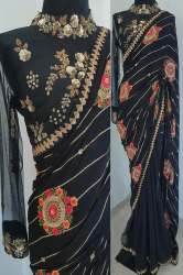 Black Partywear Floral Embroidered Georgette Saree
