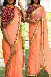 Peach Colored Partywear Embroidered Chiffon Saree