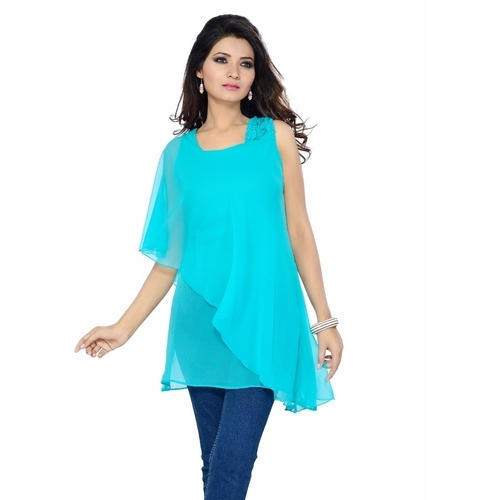 One Shoulder Plain Sky Blue Top  by Om Apparels