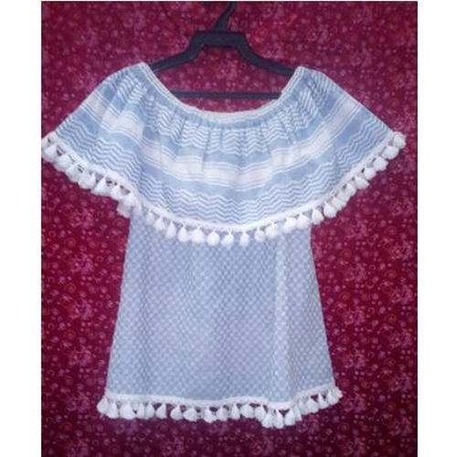 Ladies Blue Yarn Dyed Pom Pom Top