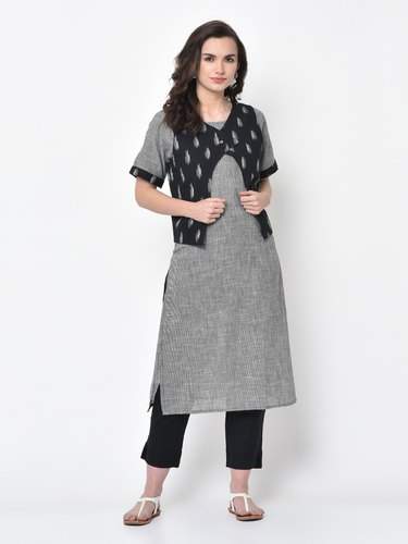 Handloom Plain kurti with Printed jacket 