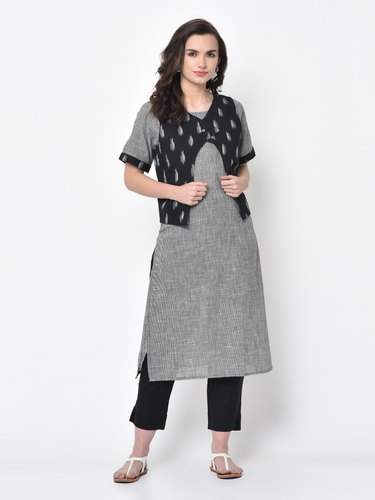 Handloom Plain kurti with Printed jacket  by Ariya Exports