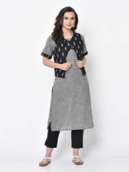 Handloom Plain kurti with Printed jacket 