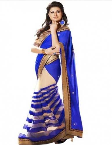 New Skin And Blue Net Color Saree For Women by New Banaras Silk Musuem