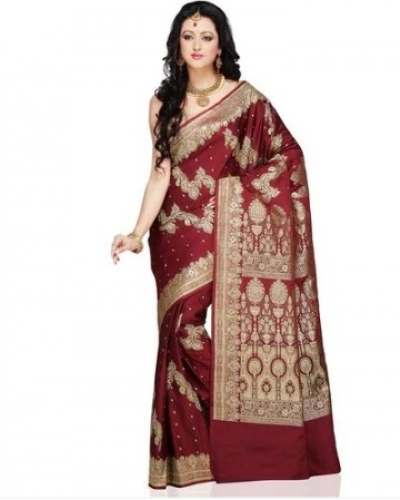 Stone Work Marron Banarasi Saree For Women by New Banaras Silk Musuem