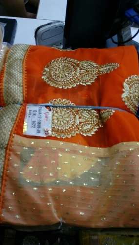 Fancy Orange Embroidery Work Saree by Abhai Ram and Co