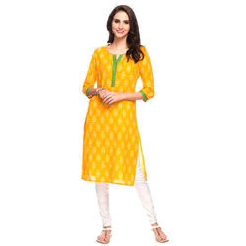 Ladies Yellow Regular Wear Cotton Printed Kurtis