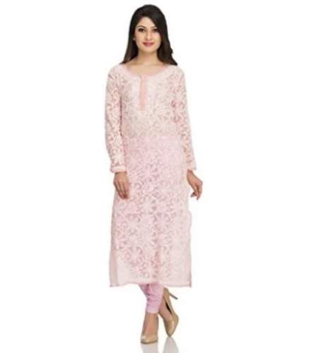 Baby Pink Full Sleeve Chikan Kurti For Women by Raja Sarees