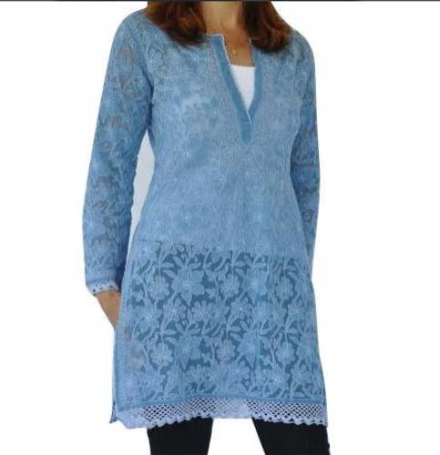 Blue Cotton Chikan Kurti For Women by Raja Sarees