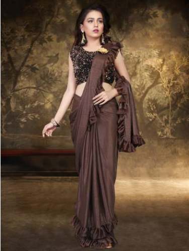 Brown Ruffle Lycra Saree by saree com