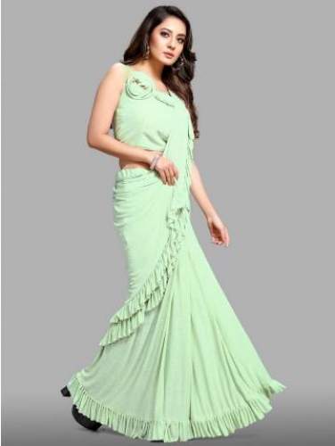 Pista Green Ruffle Lycra Saree by saree com