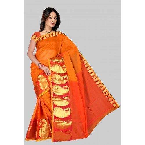 Orange Cotton Saree for Ladies by KB Fabrics