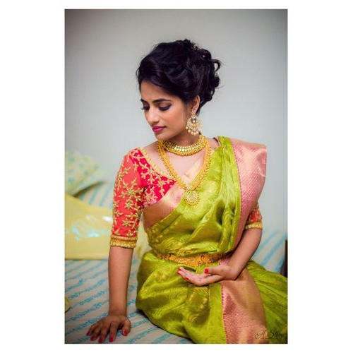 Parrot Green Pure Silk Wedding Saree by Pune Textile Market Pvt Ltd
