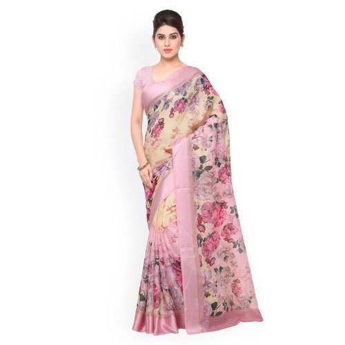 Light Pink Printed Linen Saree From Kolkata  by Architha Silk And Garments