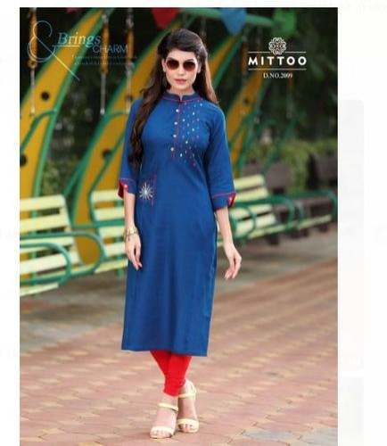 Plain Blue Striaght Kurti  by Hoorain Collection