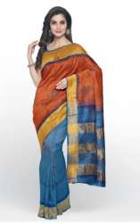 Designer Orange and blue cotton Silk saree