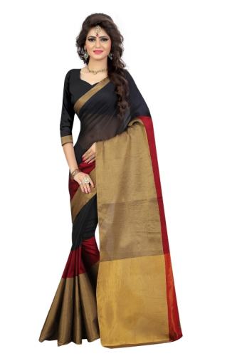 FABLIVA DESIGNER BLACK BEIGE MAROON COTTON SAREE