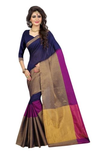 FABLIVA DESIGNER NAVY BLUE PINK BEIGE COTTON SAREE