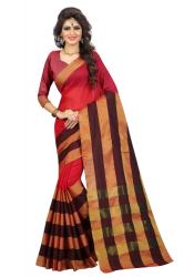 FABLIVA DESIGNER RED BEIGE POLLY COTTON SAREE