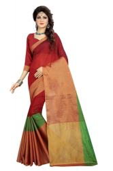FABLIVA DESIGNER RED GREEN BEIGE COTTON SAREE