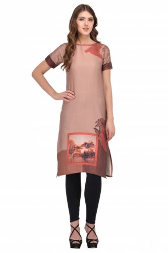 FABLIVA LIGHT BROWN PRINTED RAYON STITCHED KURTI