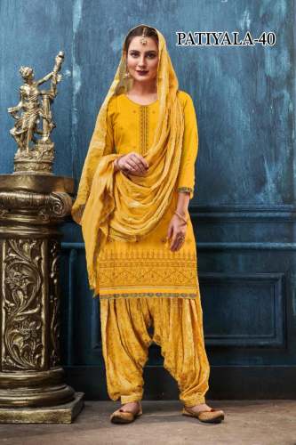 Latest Embroidered satin Cotton Patiyala