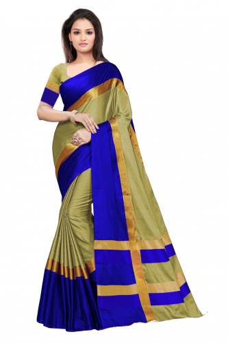 Nena Fashion Women cream blue Cotton Saree(aangi)