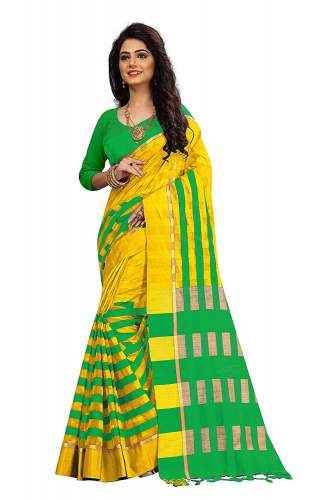 Nena Fashion Women's  yellow green Cotton Saree
