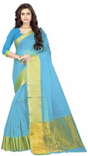 Nena Fashion Women sky blue Cotton Saree(rajwadi)