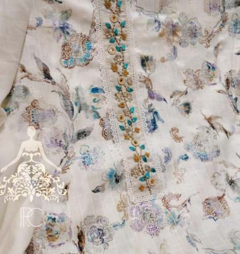 Cream Printed Unstitch Dress Material by Nita Fashions