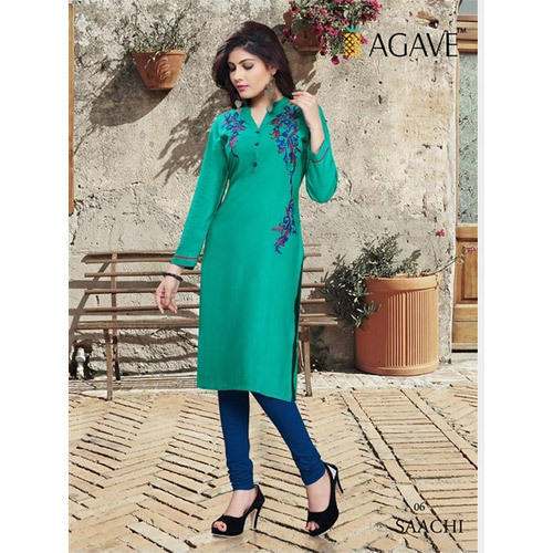 Long Sleeve Green Embroidered Kurti  by AMS Craft PVT LTD